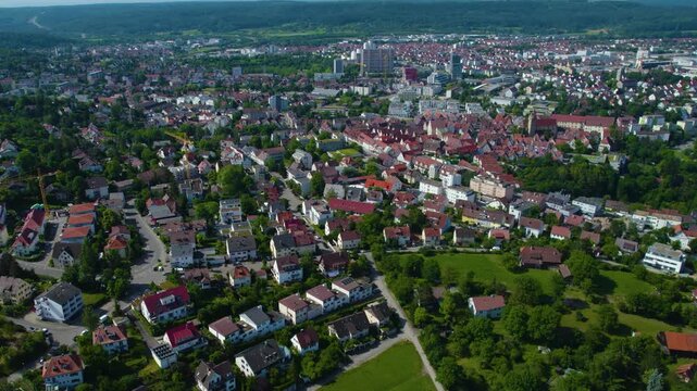 Aerial panoramic view above the old town around the city Leonberg on a sunny spring day. 