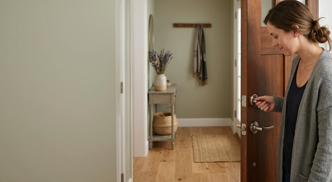 Woman turning the deadbolt lock on an open wooden front door. Female securing the house entrance in a home hallway