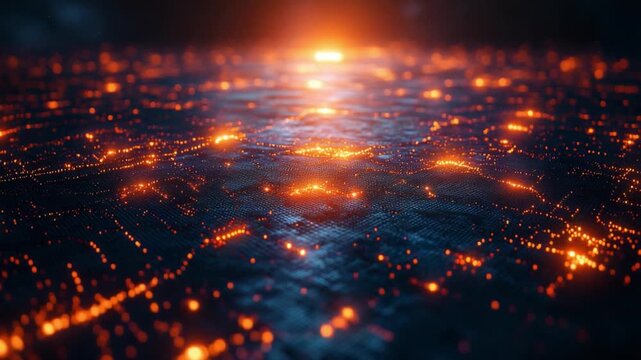 Abstract Network Grid: An abstract representation of a digital network, with glowing orange nodes connected by lines on a dark, textured surface, suggesting data flow and connectivity.
