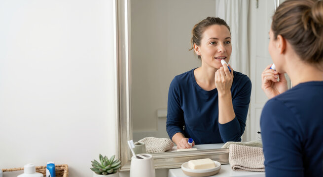 Woman applying lip balm while looking in a bathroom mirror. Female moisturizing lips with a stick during daily skincare routine