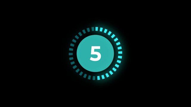 Countdown timer with 10 seconds inside a glowing circular progress bar digital interface element for games and applications isolated on black background