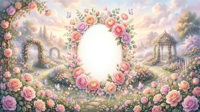 Floral garden frame with archways and gazebo pastel dreamscape
