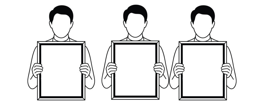 Three People Holding Empty Picture Frames Side By Side.