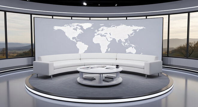Modern television studio set with white sofa and world map display television broadcast interior broadcasting architecture technology lighting contemporary furniture