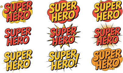 Vector illustration of comic style SUPER HERO text designs with colorful bursts, clouds, stars, and dynamic typography effects © Sheikh