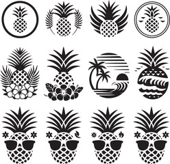 Graphic set of pineapple icons with tropical elements and sunglasses isolated on transparent background for summer projects. © Kamrun82