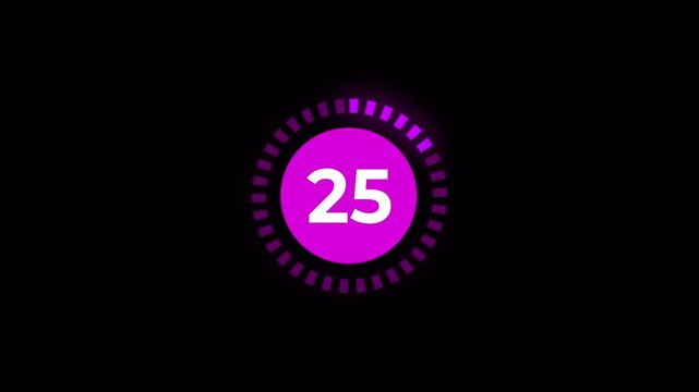 Circular progress bar with 30 seconds loading indicator with glowing effect for web design and UI isolated on black background