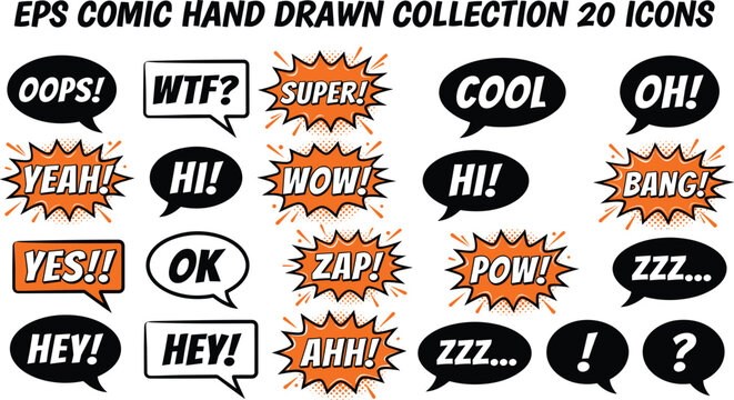 Vector illustration of comic speech bubbles with expressive hand‑drawn text representing playful communication and action themes