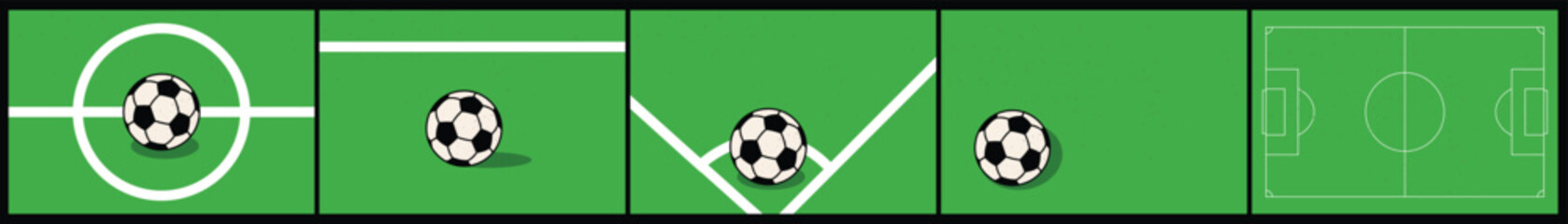 Set of soccer field backgrounds with ball, football pitch top view illustrations for sports tournament and match tactics banner. © Shawon