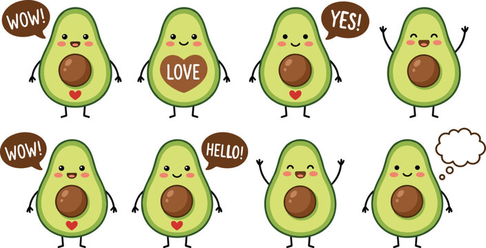 Vector illustration of cute cartoon avocados with speech bubbles representing playful food and lifestyle themes