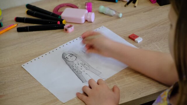 Anime person, sad girl, emo. Child, teenager girl drawing sketch picture, crying girl. Hand drawing Youth culture	
