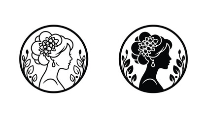 Elegant woman profile portrait with floral hair accessory line art and solid black silhouette badge design for beauty salon branding and fashion boutique logo templates isolated on white background © Alex