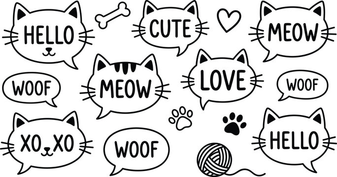 Vector illustration of cute cat speech bubbles with playful words and icons representing whimsical pet and communication themes