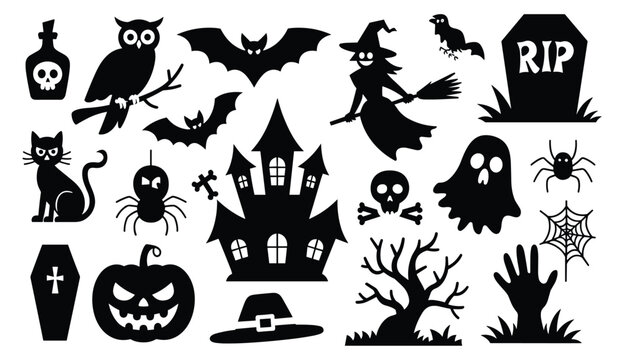 Halloween Silhouette Collection: Spooky bats, haunted castle, witch, and creepy symbols in black style. horror theme, scary night, fantasy elements, spooky decoration, dark illustration.