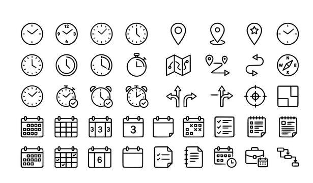 Editable stroke line icons set for time calendar map location scheduling vector