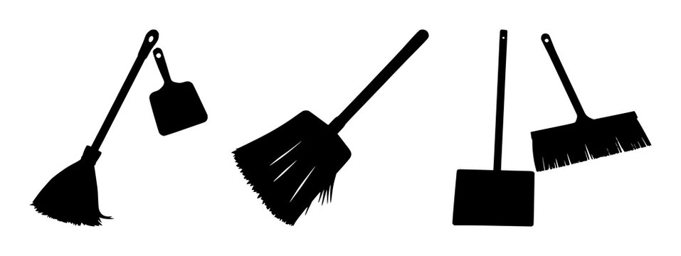 Broom and dustpan set with black silhouette against white background featuring cleaning tools, household chores, iconography with broom and dustpan