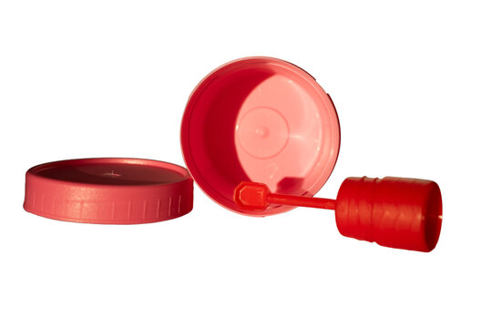 Open stool sample container with red scoop lid on white background. Empty plastic medical laboratory kit for clinical diagnostics fecal examination and healthcare pathology testing procedures in profe