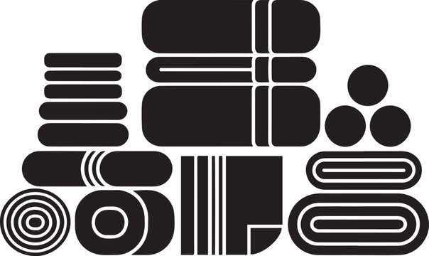 Black and white illustration of various rolled and folded towels and textiles. silhouette vector illustration