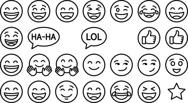Vector illustration of emoji icons showing laughter, joy, approval, and playful expressions for digital communication design