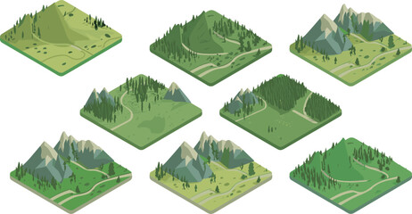 Fototapeta premium Vector illustration of isometric landscapes with mountains forests hills and paths showing diverse natural environments and terrain features
