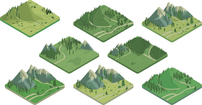 Vector illustration of isometric landscapes with mountains forests hills and paths showing diverse natural environments and terrain features