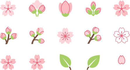 Japanese pink cherry blossom flower icon set with sakura buds and green leaves isolated on a white background. © MdNipon