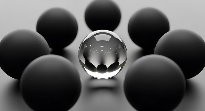 Shiny glass ball standing out among matte black balls on gray background