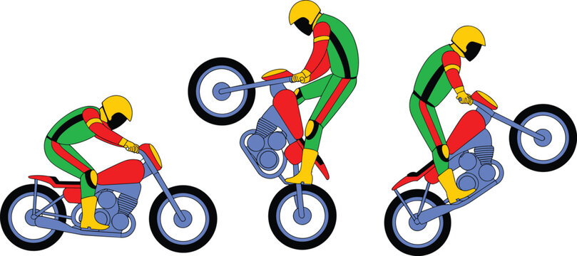 Vector illustration of motorcyclist performing wheelie sequence showing rider positions motorcycle angles and stunt progression in colorful design
