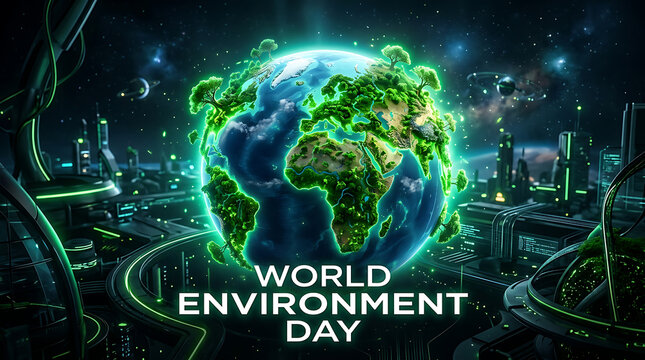 World environment day june 5 earth with futuristic cityscape, save earth