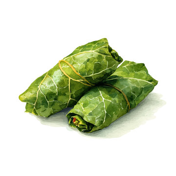 Dolma Stuffed Grape Leaves watercolor artwork, high-quality professional vector illustration isolated on a white background.