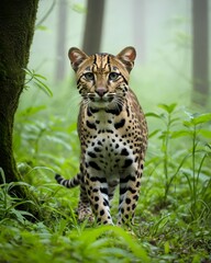 Obraz premium A soft oncilla, northern tiger cat genetic hybrid experiment fantasy animal, fictional species in a spring glade