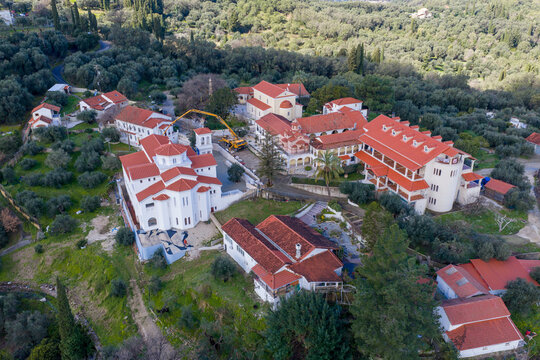 Aerial panorama of Pantokrator Monastery complex in Agios Athanasios, Corfu, Greece