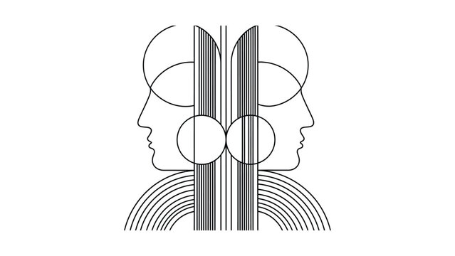Minimalist geometric illustration of two profile faces facing opposite directions.