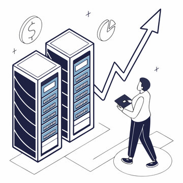 isometric server infrastructure with financial growth and business person high quality