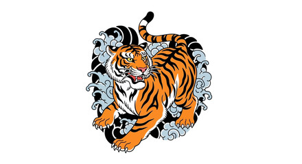 Japanese Tiger Tattoo Design with Waves, Traditional Art Style © berkah