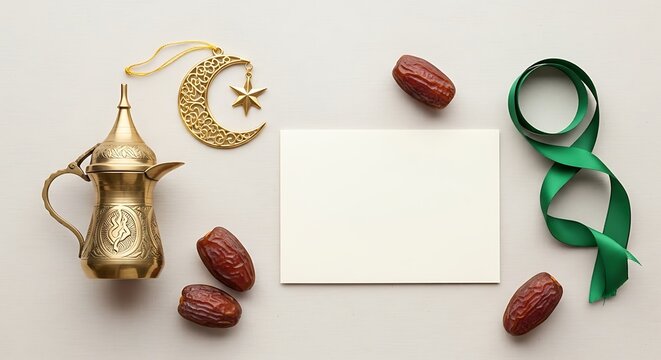 Ramadan greeting card with traditional coffee pot dates and crescent moon decoration for islamic holiday