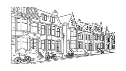 Fototapeta premium Detailed line art sketch of a historic European city street with bicycles.