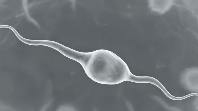 This shows a microscopic view of sperm cells approaching an egg during IVF treatment for pregnancy and fertilization. The is a close-up of the cells and their movement.