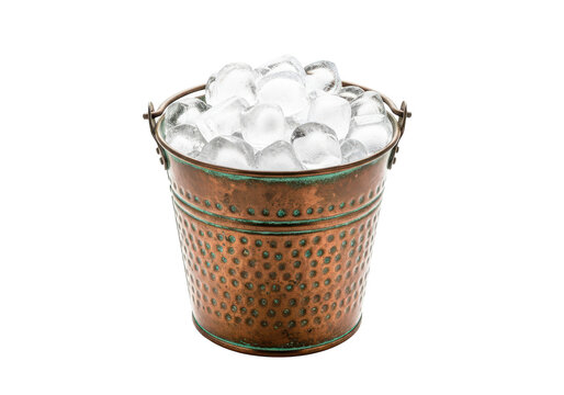 Rustic copper bucket filled with clear ice cubes isolated on transparent background, vintage container holding refreshing frozen water, cool beverage element.