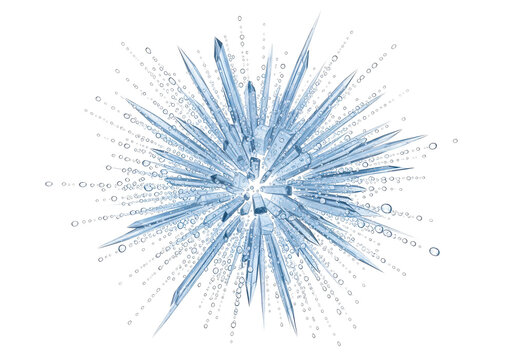 Abstract geometric ice crystal formation with water droplets isolated on transparent background, sharp blue shards creating snowflake shape, frozen art design.