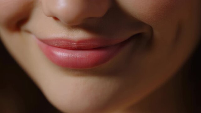 Caucasian Model With Natural Lipstick. Portrait Capturing Soft Smile And Delicate Facial Features