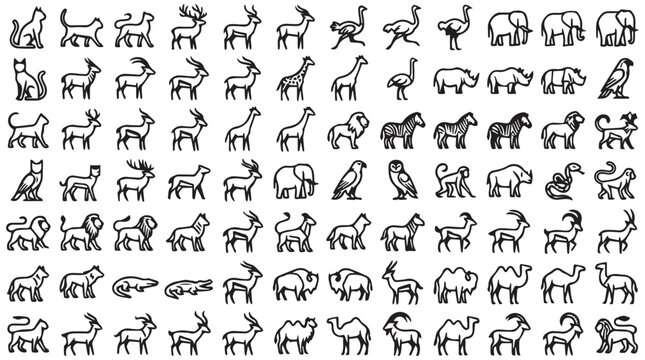 Collection of various animals depicted in a consistent, minimalist line art style with black outlines on a neutral background.