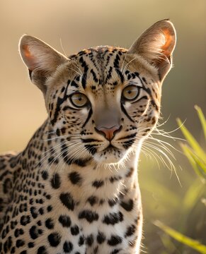  A desert toned oncilla , northern tiger cat genetic hybrid experiment fantasy animal, fictional species in a grassland sanctuary