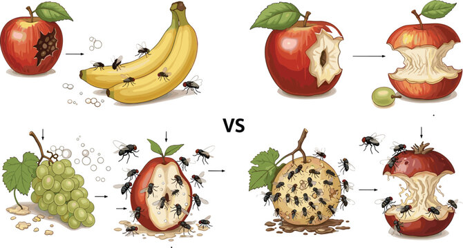 Vector illustration comparing fresh fruit versus rotting infested fruit with flies including apple banana and green grapes.