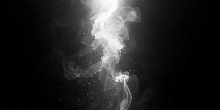 An abstract white x-ray of a skull glows with bright blue light amidst dark smoke and a storm of black dust like an explosion in the moonlit night sky