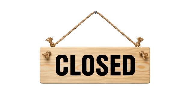 Wooden sign with bold red CLOSED text indicating business shut down isolated on transparent background