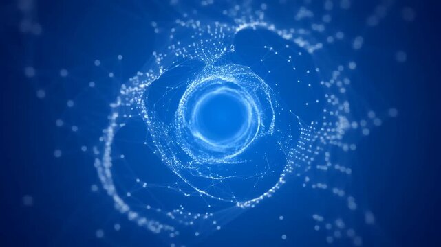 Tracking shot slow motion zoom of digital particle vortex spiraling inward through blue abstract tunnel background