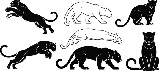 Black panther silhouette collection set, powerful predatory wild cat poses including jumping, walking, and sitting, isolated vector icons on white. © SUMAIYA