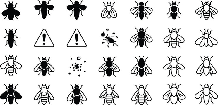 Set of minimalist line icons featuring house fly insect silhouettes pest control warning signs and biological symbols.