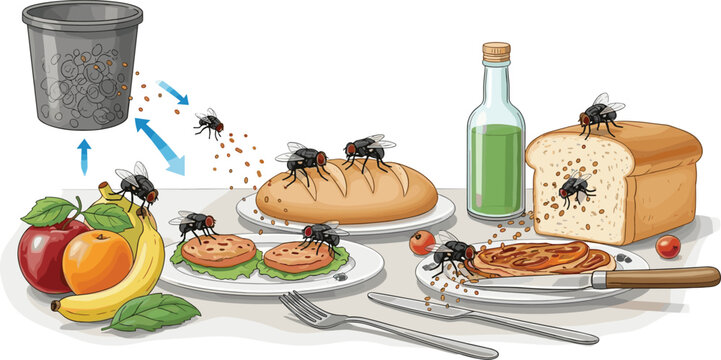 Vector illustration showing house fly food contamination from trash cans to fresh bread fruit and dining surfaces.